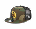 San Diego Padres New Era MLB 9FIFTY 950 Trucker Mesh Snapback Cap Hat Camo/Black Crown/Visor Yellow Logo