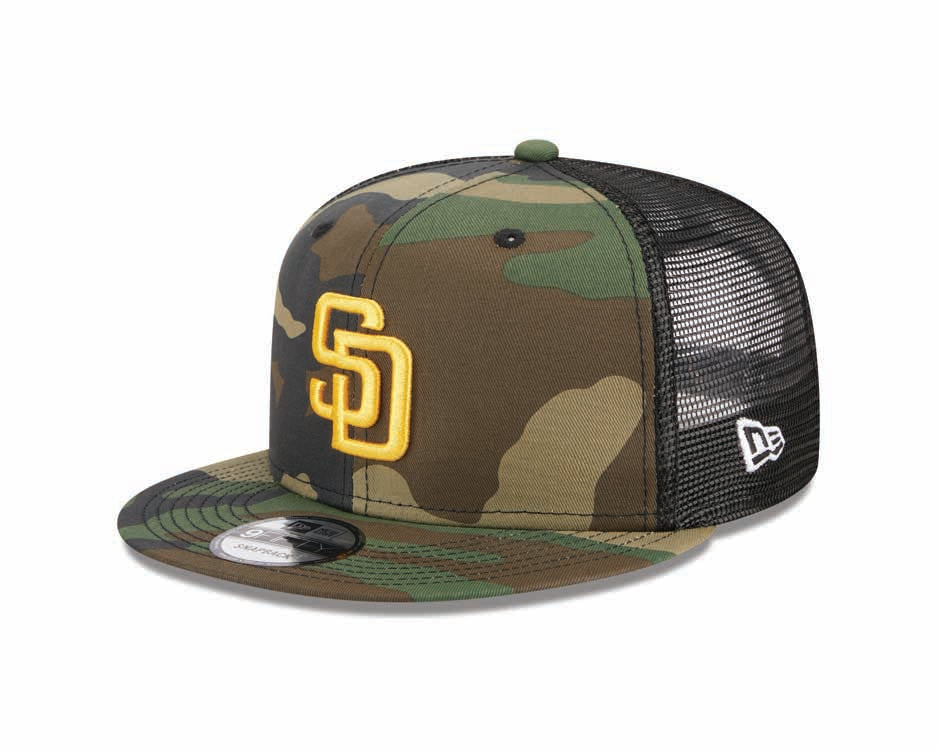 San Diego Padres New Era MLB 9FIFTY 950 Trucker Mesh Snapback Cap Hat Camo/Black Crown/Visor Yellow Logo