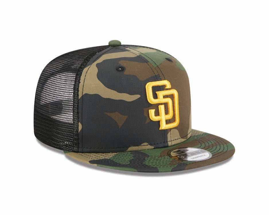 San Diego Padres New Era MLB 9FIFTY 950 Trucker Mesh Snapback Cap Hat Camo/Black Crown/Visor Yellow Logo