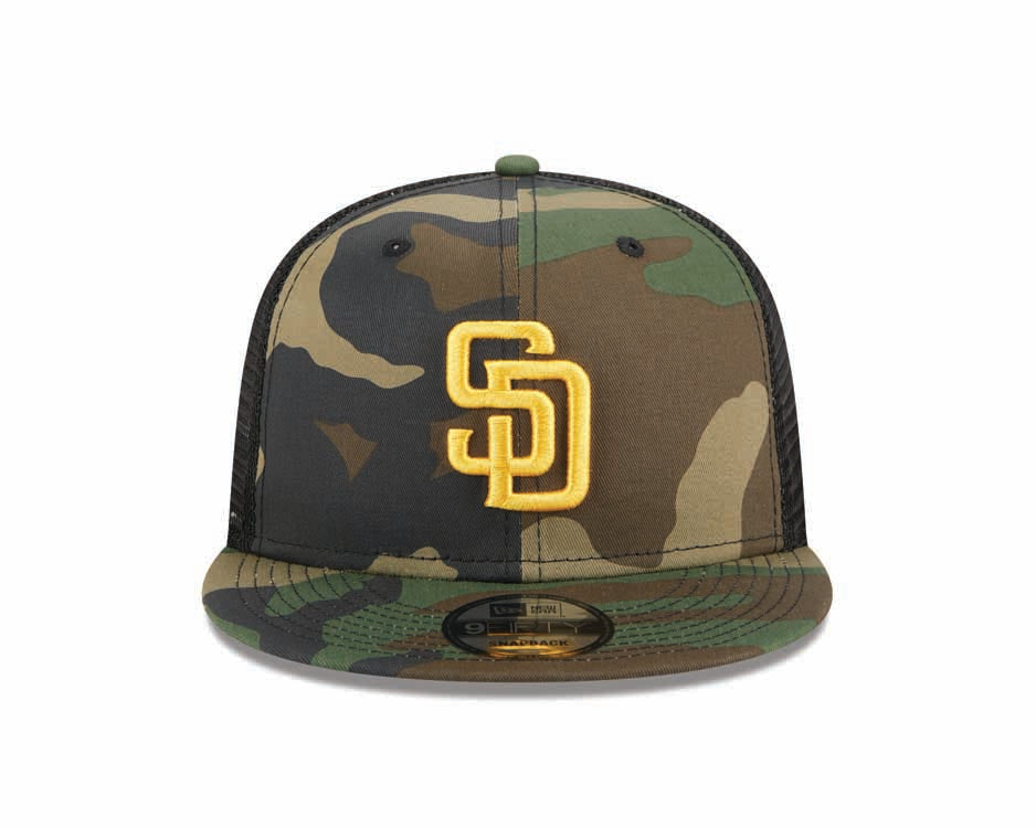 San Diego Padres New Era MLB 9FIFTY 950 Trucker Mesh Snapback Cap Hat Camo/Black Crown/Visor Yellow Logo