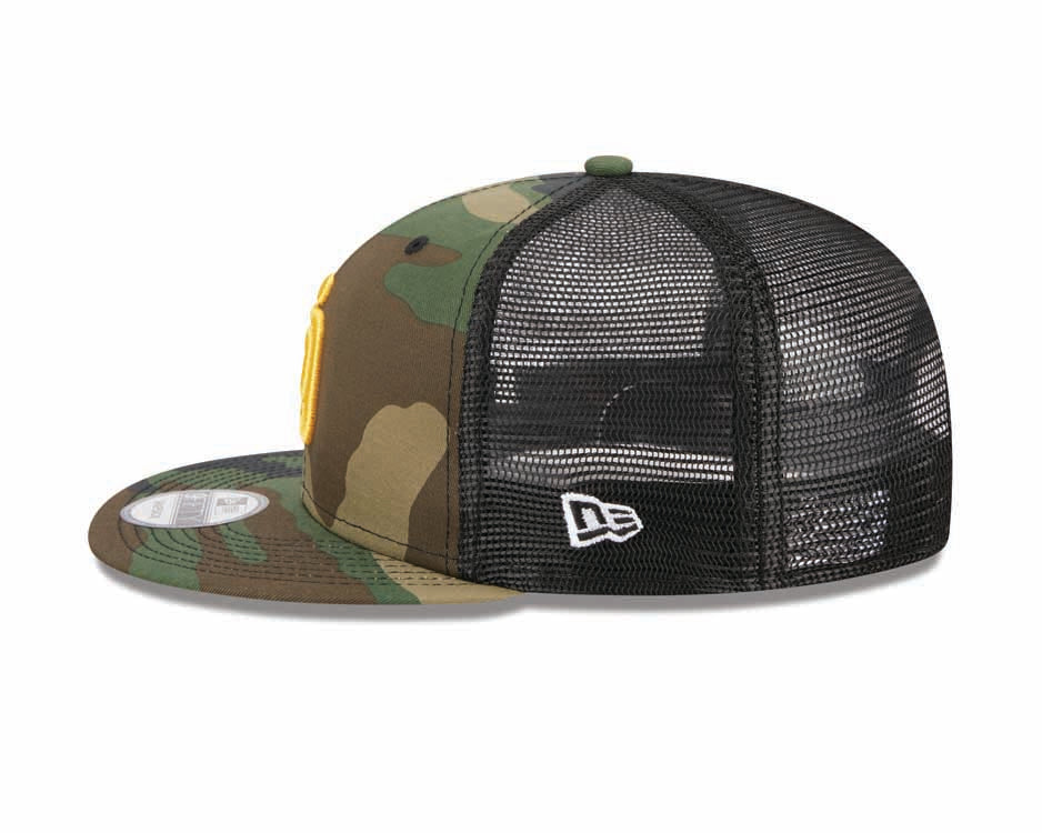 San Diego Padres New Era MLB 9FIFTY 950 Trucker Mesh Snapback Cap Hat Camo/Black Crown/Visor Yellow Logo