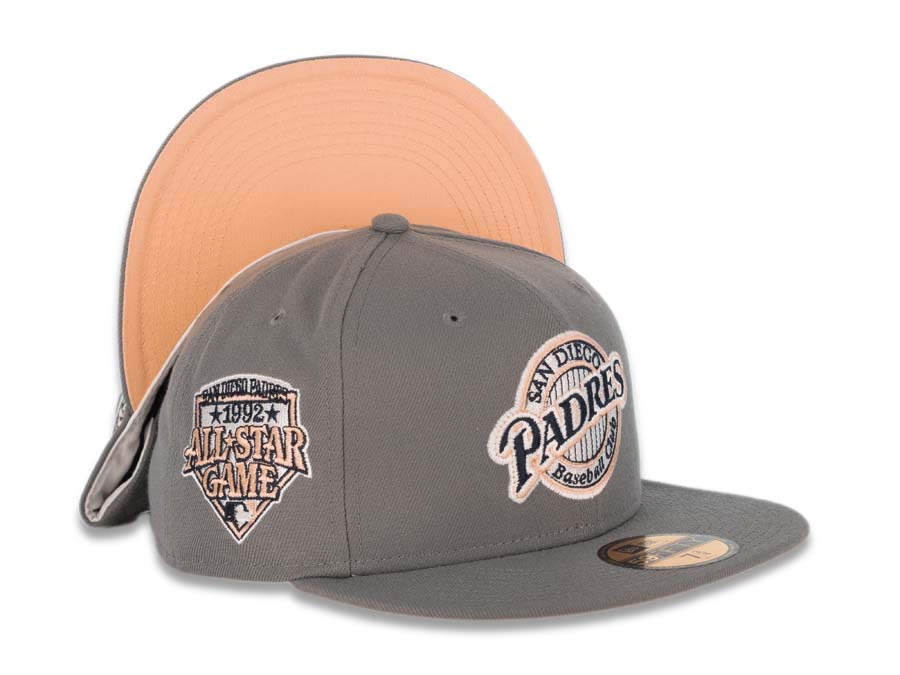 San Diego Padres New Era MLB 59FIFTY 5950 Fitted Cap Hat Dark Gray Crown/Visor Navy/Peach/White Baseball Club Retro Logo 1992 All-Star Game Side Patch