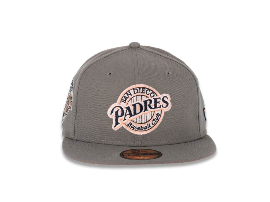 San Diego Padres New Era MLB 59FIFTY 5950 Fitted Cap Hat Dark Gray Crown/Visor Navy/Peach/White Baseball Club Retro Logo 1992 All-Star Game Side Patch