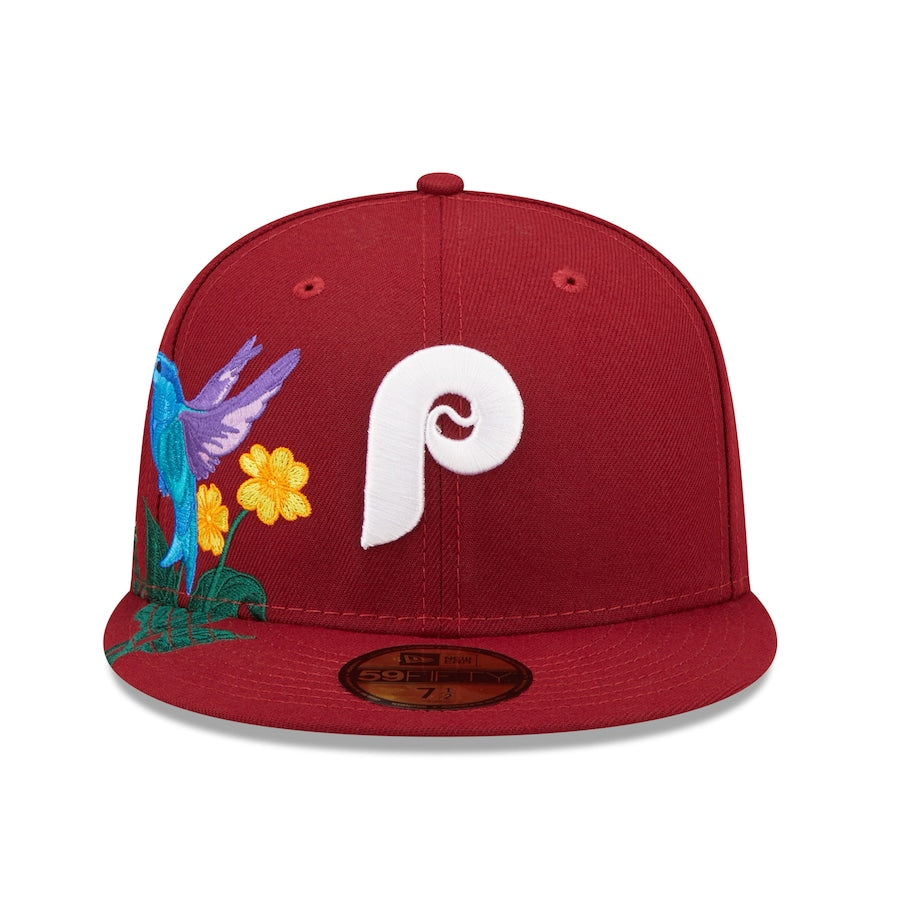 Philadelphia Phillies New Era MLB 59FIFTY 5950 Fitted Cap Hat Maroon Crown/Visor Team Color Retro Logo (Blooming)