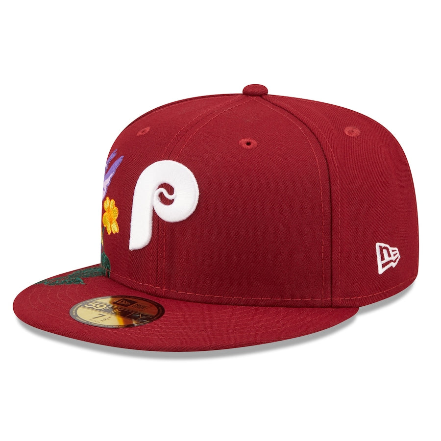 Philadelphia Phillies New Era MLB 59FIFTY 5950 Fitted Cap Hat Maroon Crown/Visor Team Color Retro Logo (Blooming)