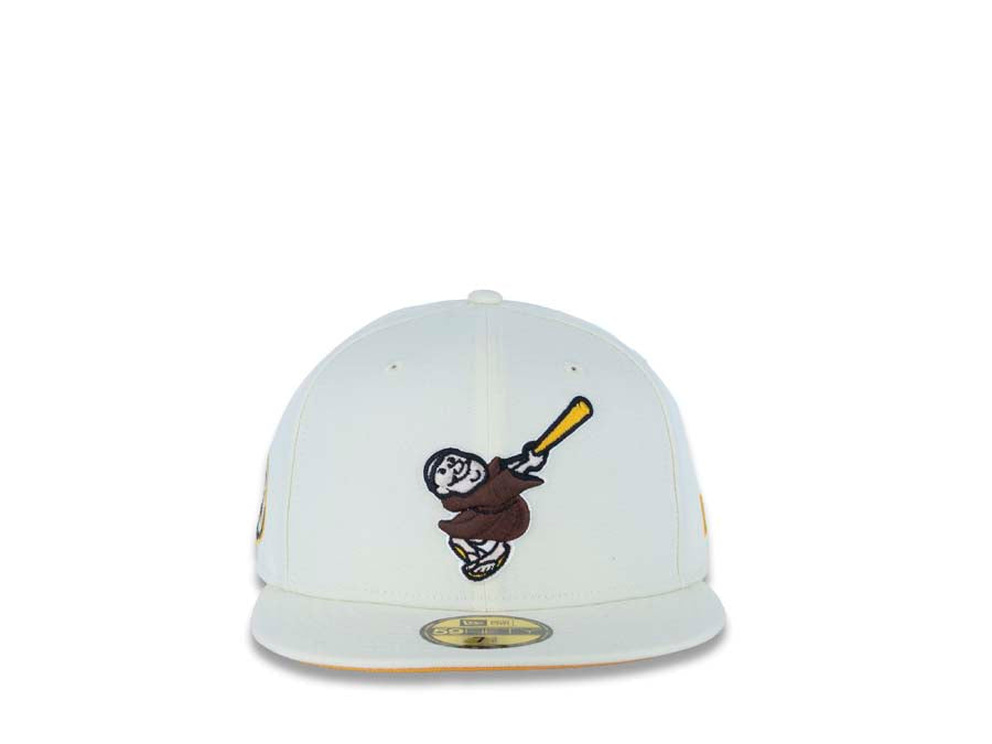 San Diego Padres New Era MLB 59FIFTY 5950 Fitted Cap Hat Cream Crown/Visor Brown/Yellow Swinging Friar Logo 1978 All-Star Game Side Patch Yellow UV