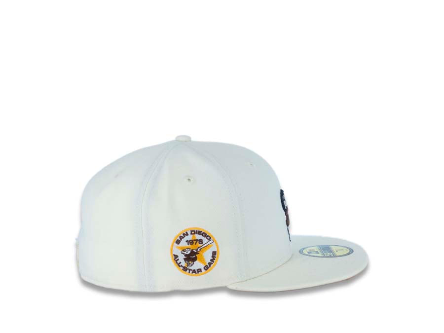San Diego Padres New Era MLB 59FIFTY 5950 Fitted Cap Hat Cream Crown/Visor Brown/Yellow Swinging Friar Logo 1978 All-Star Game Side Patch Yellow UV