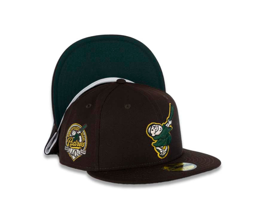 San Diego Padres New Era MLB 59FIFTY 5950 Fitted Cap Hat Dark Brown Crown/Visor Green/Gold Swinging Friar Logo 40th Anniversary Side Patch Green UV