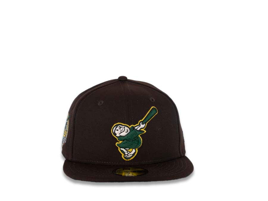 San Diego Padres New Era MLB 59FIFTY 5950 Fitted Cap Hat Dark Brown Crown/Visor Green/Gold Swinging Friar Logo 40th Anniversary Side Patch Green UV