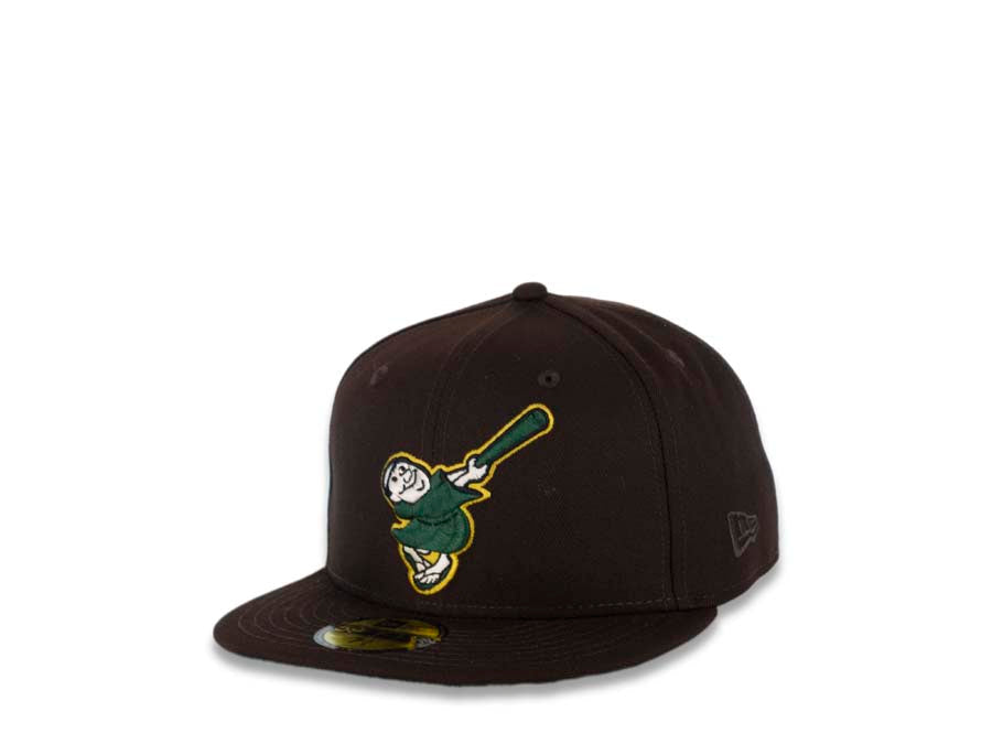 San Diego Padres New Era MLB 59FIFTY 5950 Fitted Cap Hat Dark Brown Crown/Visor Green/Gold Swinging Friar Logo 40th Anniversary Side Patch Green UV