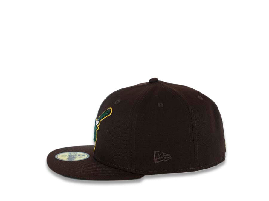 San Diego Padres New Era MLB 59FIFTY 5950 Fitted Cap Hat Dark Brown Crown/Visor Green/Gold Swinging Friar Logo 40th Anniversary Side Patch Green UV