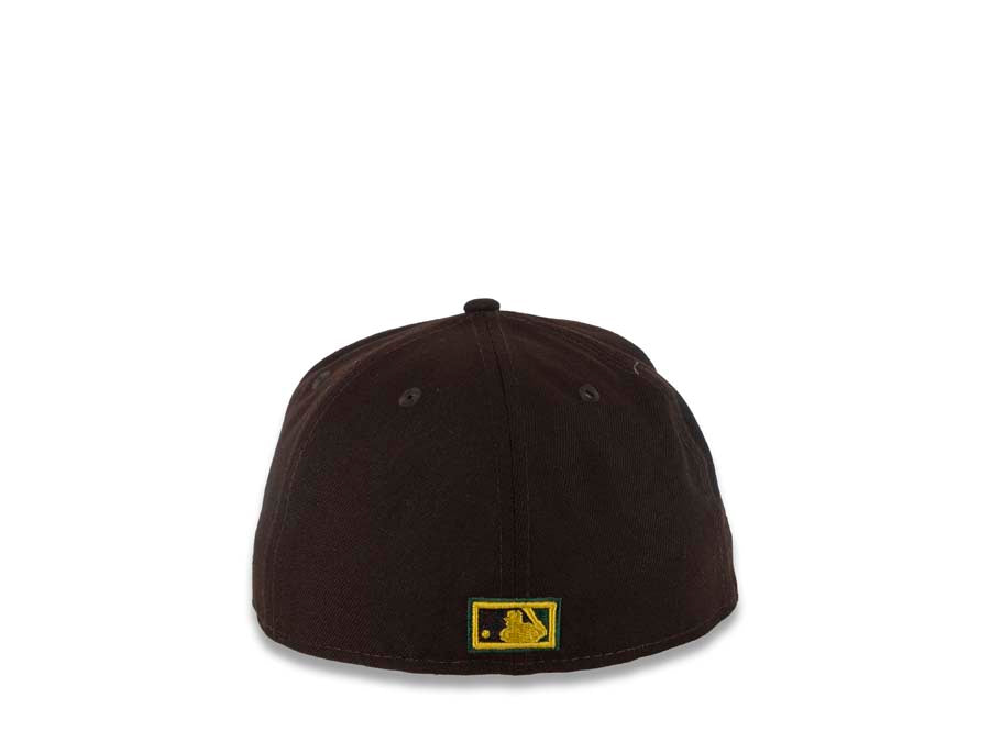 San Diego Padres New Era MLB 59FIFTY 5950 Fitted Cap Hat Dark Brown Crown/Visor Green/Gold Swinging Friar Logo 40th Anniversary Side Patch Green UV