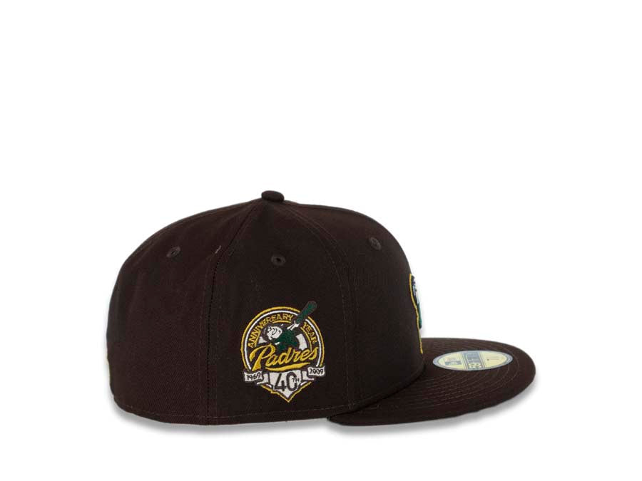 San Diego Padres New Era MLB 59FIFTY 5950 Fitted Cap Hat Dark Brown Crown/Visor Green/Gold Swinging Friar Logo 40th Anniversary Side Patch Green UV