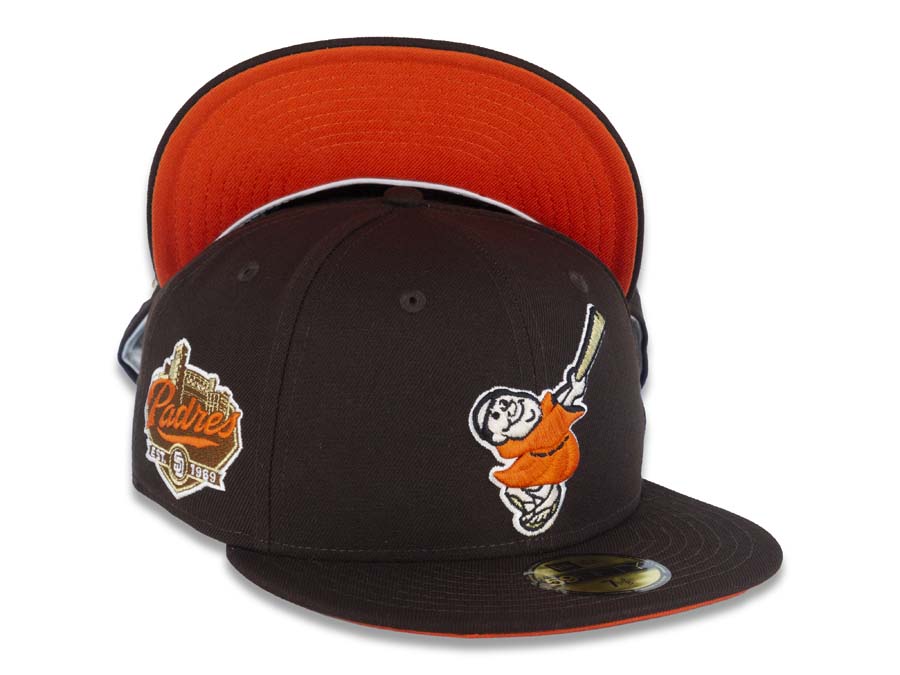 San Diego Padres New Era MLB 59FIFTY 5950 Fitted Cap Hat Dark Brown Crown/Visor Orange/Gold Swinging Friar Logo Established 1969 Padres Side Patch