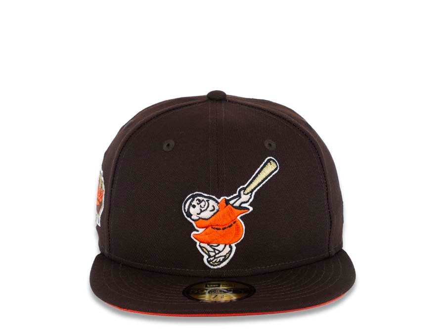 San Diego Padres New Era MLB 59FIFTY 5950 Fitted Cap Hat Dark Brown Crown/Visor Orange/Gold Swinging Friar Logo Established 1969 Padres Side Patch