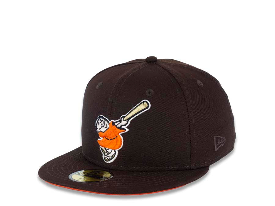 San Diego Padres New Era MLB 59FIFTY 5950 Fitted Cap Hat Dark Brown Crown/Visor Orange/Gold Swinging Friar Logo Established 1969 Padres Side Patch