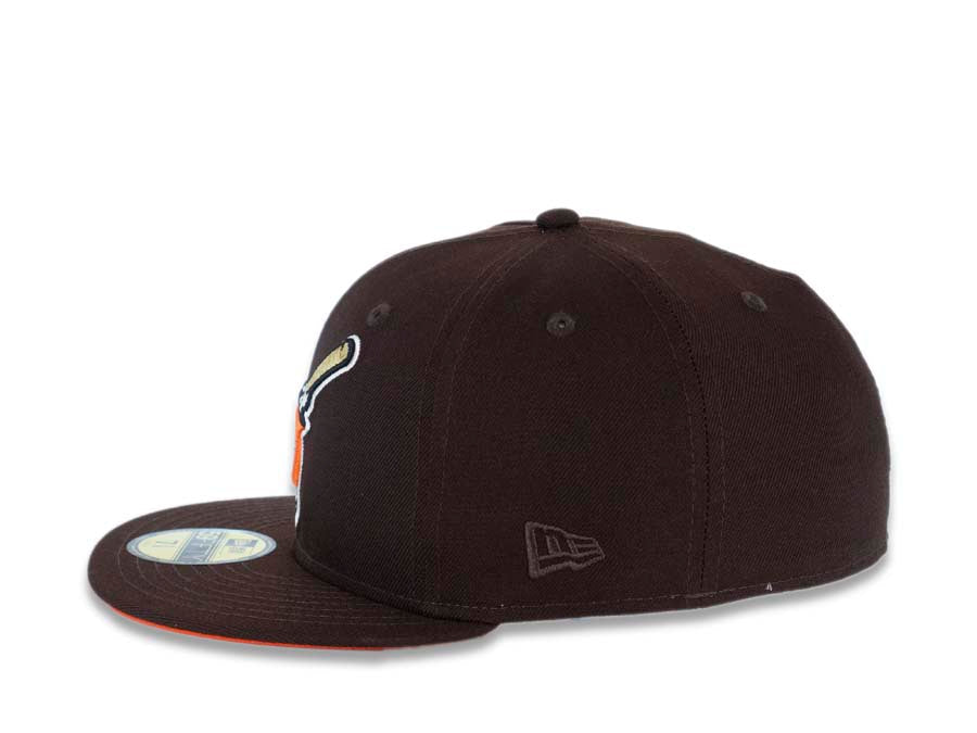 San Diego Padres New Era MLB 59FIFTY 5950 Fitted Cap Hat Dark Brown Crown/Visor Orange/Gold Swinging Friar Logo Established 1969 Padres Side Patch