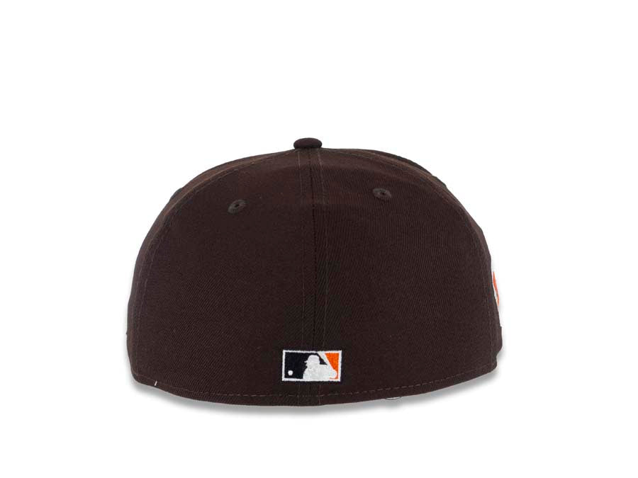 San Diego Padres New Era MLB 59FIFTY 5950 Fitted Cap Hat Dark Brown Crown/Visor Orange/Gold Swinging Friar Logo Established 1969 Padres Side Patch