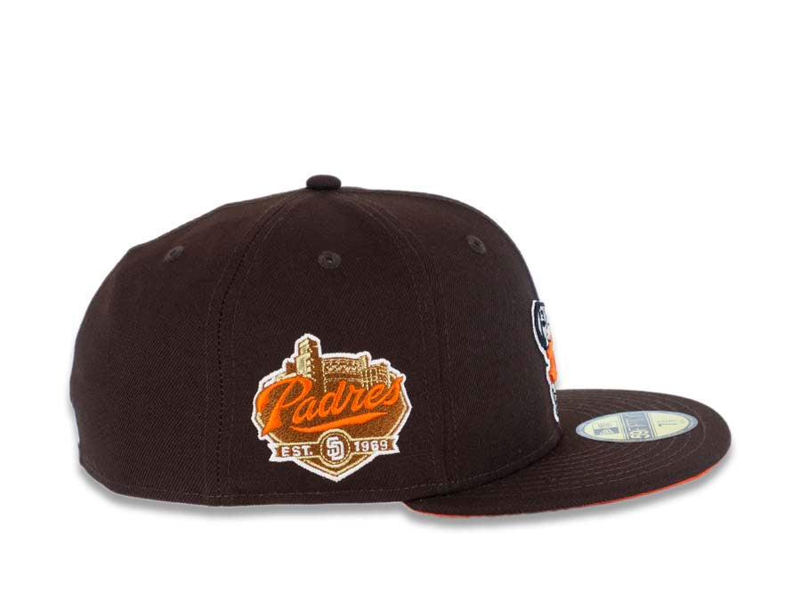 San Diego Padres New Era MLB 59FIFTY 5950 Fitted Cap Hat Dark Brown Crown/Visor Orange/Gold Swinging Friar Logo Established 1969 Padres Side Patch