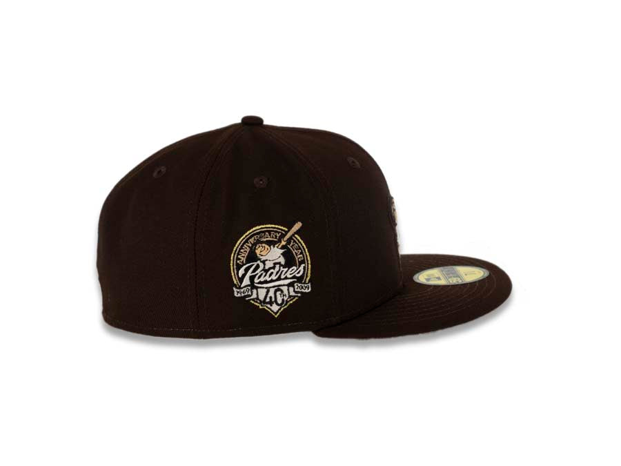 San Diego Padres New Era MLB 59FIFTY 5950 Fitted Cap Hat Dark Brown Crown/Visor Dark Brown/White Swinging Friar Logo 40th Anniversary Side Patch