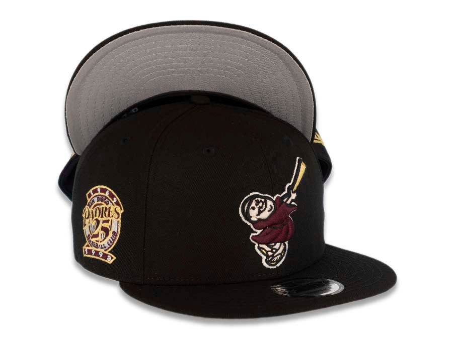 San Diego Padres New Era MLB 9FIFTY 950 Snapback Cap Hat Black Crown/Visor Maroon/Metallic Gold Swinging Friar Logo 25th Anniversary Side Patch