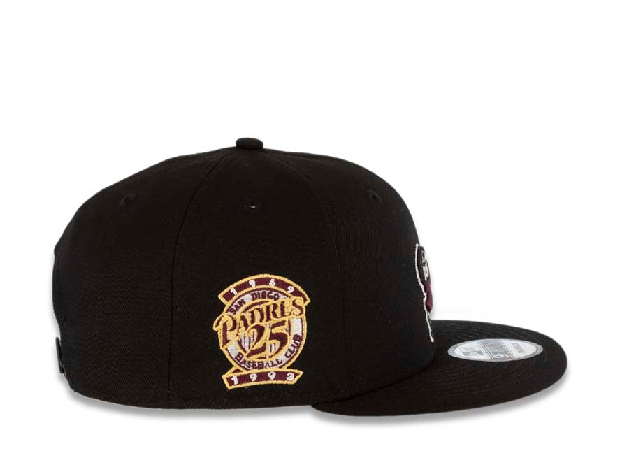 San Diego Padres New Era MLB 9FIFTY 950 Snapback Cap Hat Black Crown/Visor Maroon/Metallic Gold Swinging Friar Logo 25th Anniversary Side Patch