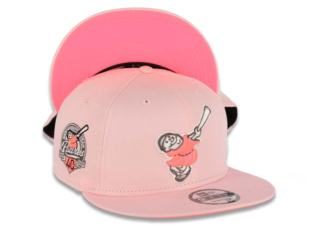 San Diego Padres New Era MLB 9FIFTY 950 Snapback Cap Hat Pink Crown/Visor Pink Glow/Cream Swinging Friar Logo 40th Anniversary Side Patch Pink Glow UV