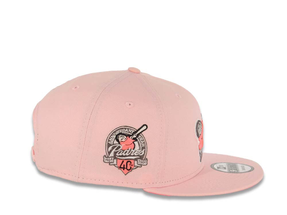 San Diego Padres New Era MLB 9FIFTY 950 Snapback Cap Hat Pink Crown/Visor Pink Glow/Cream Swinging Friar Logo 40th Anniversary Side Patch Pink Glow UV