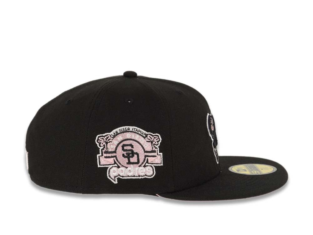 San Diego Padres New Era MLB 59FIFTY 5950 Fitted Cap Hat Black Crown/Visor Black/Pink Swining Friar Logo Stadium Side Patch Pink UV