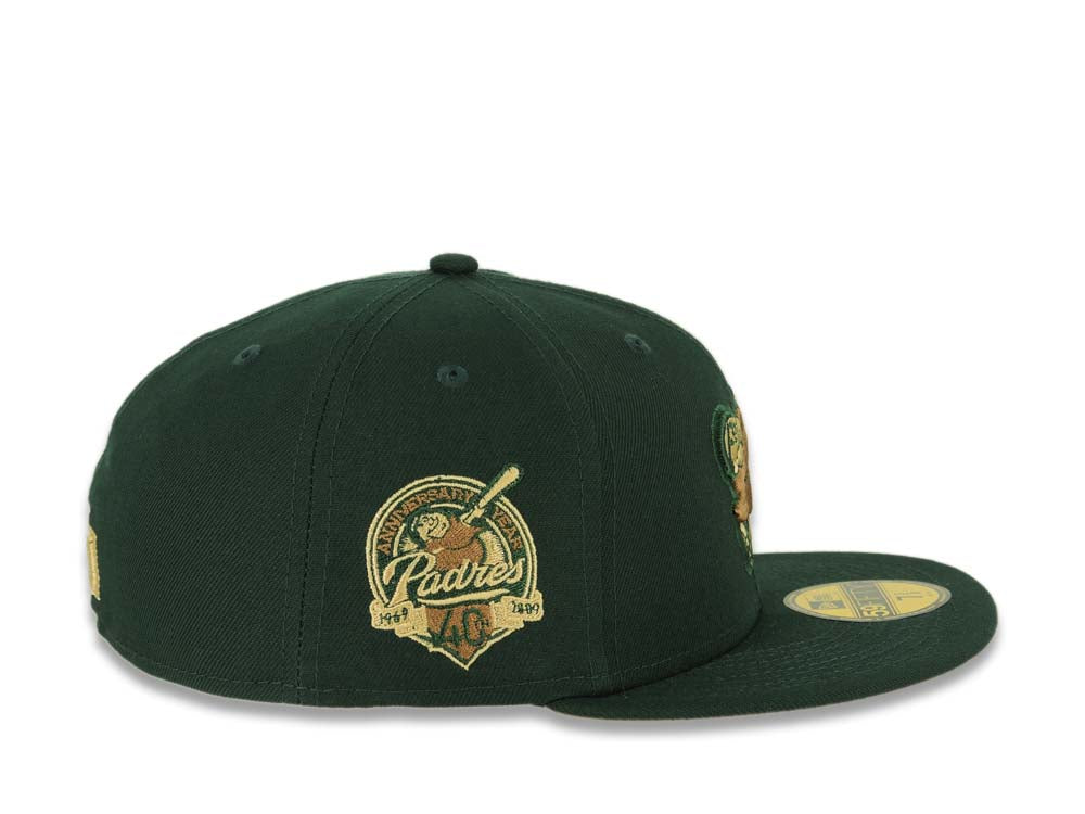 San Diego Padres New Era MLB 59FIFTY 5950 Fitted Cap Hat Dark Green Crown/Visor Wheat/Yellow Green Friar Logo 40th Anniversary Side Patch Yellow UV
