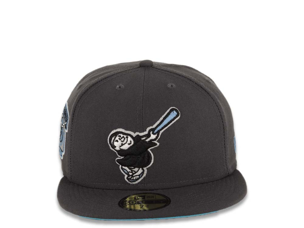 San Diego Padres New Era MLB 59FIFTY 5950 Fitted Cap Hat Dark Gray Crown/Visor Black/Sky Blue Swinging Friar Logo Go Padres Side Patch Turquoise UV