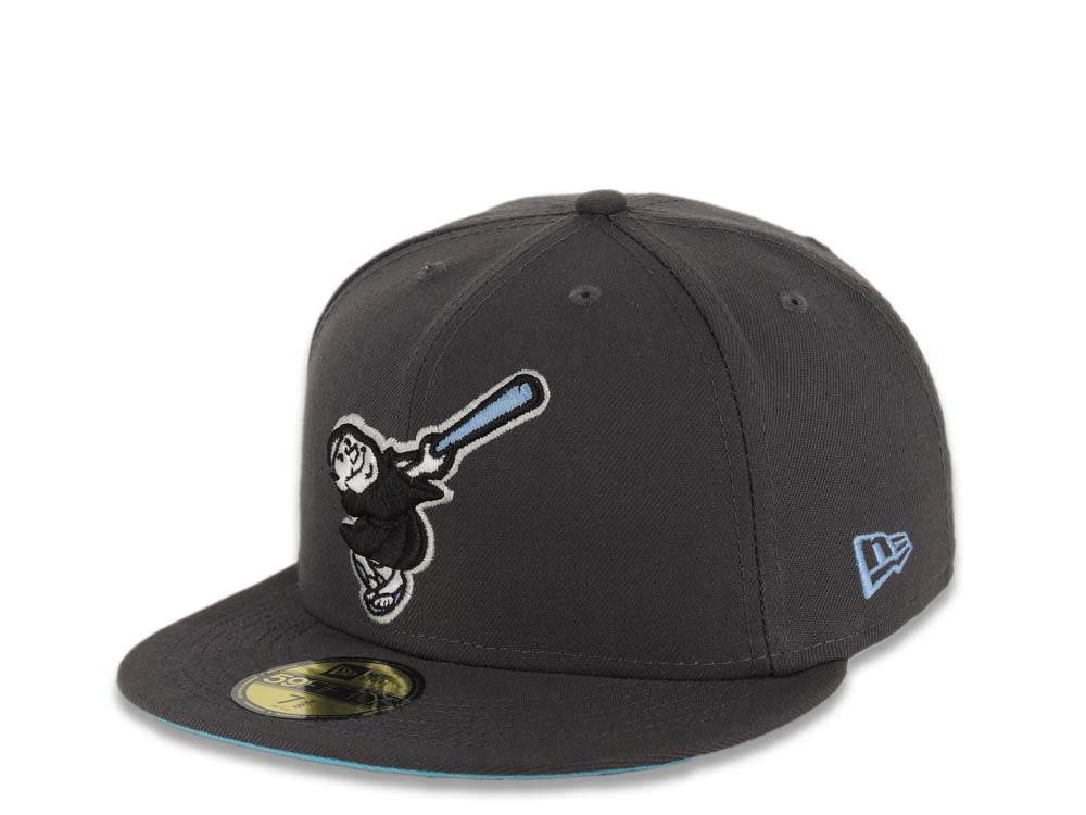 San Diego Padres New Era MLB 59FIFTY 5950 Fitted Cap Hat Dark Gray Crown/Visor Black/Sky Blue Swinging Friar Logo Go Padres Side Patch Turquoise UV