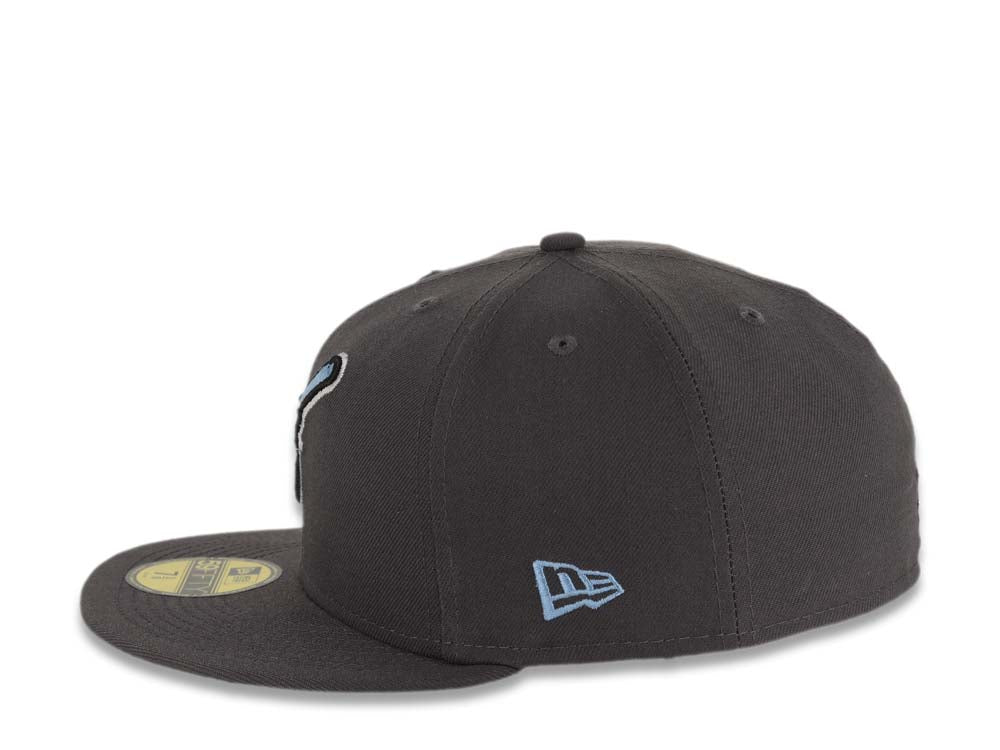 San Diego Padres New Era MLB 59FIFTY 5950 Fitted Cap Hat Dark Gray Crown/Visor Black/Sky Blue Swinging Friar Logo Go Padres Side Patch Turquoise UV