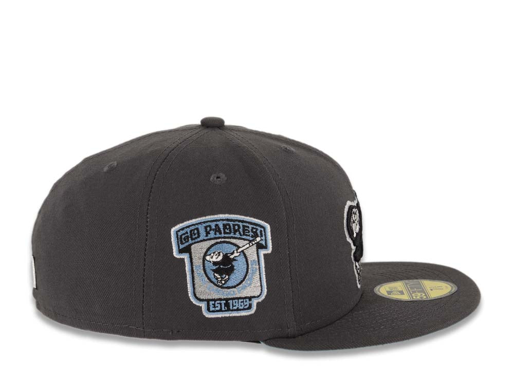 San Diego Padres New Era MLB 59FIFTY 5950 Fitted Cap Hat Dark Gray Crown/Visor Black/Sky Blue Swinging Friar Logo Go Padres Side Patch Turquoise UV
