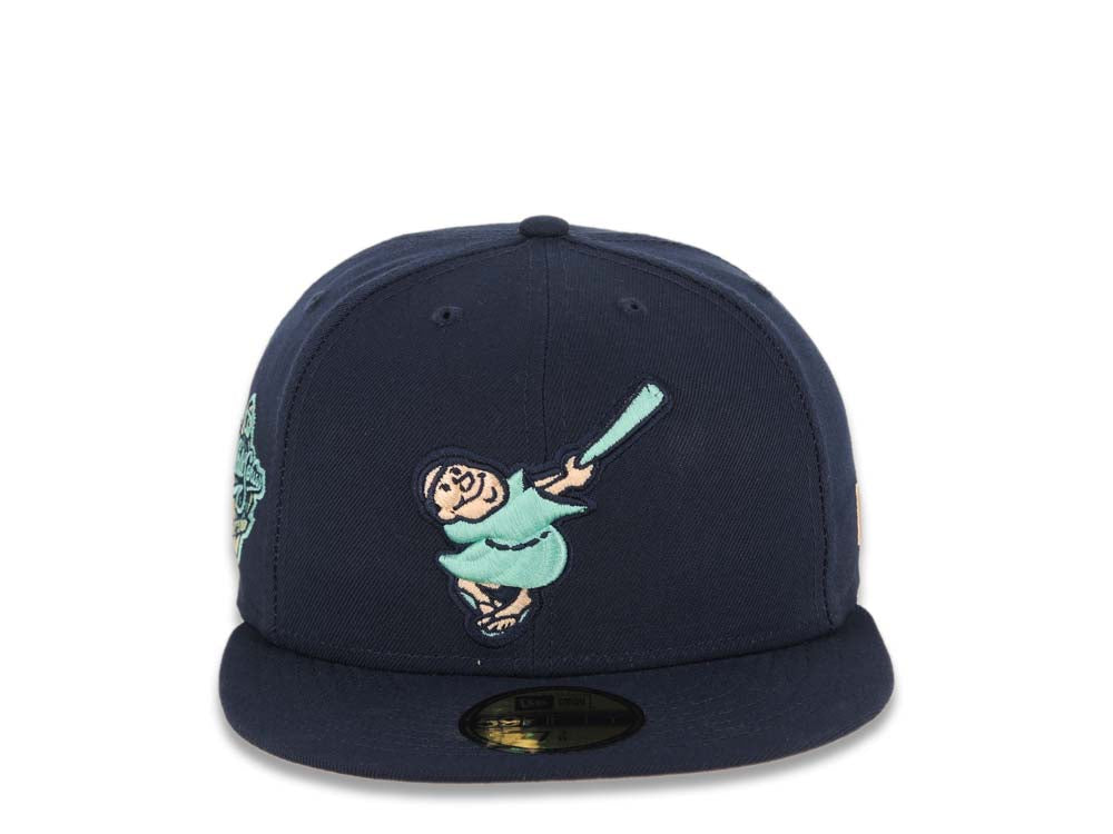 San Diego Padres New Era MLB 59FIFTY 5950 Fitted Cap Hat Navy Blue Crown/Visor Light Teal Swinging Friar Logo 1998 World Series Side Patch Orange UV