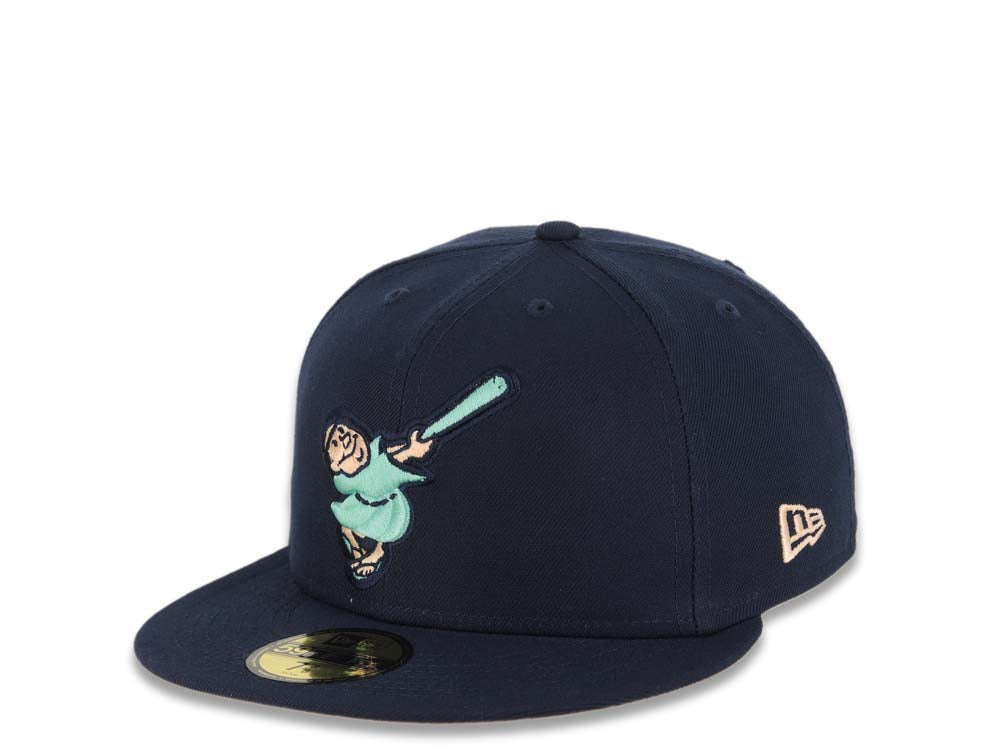 San Diego Padres New Era MLB 59FIFTY 5950 Fitted Cap Hat Navy Blue Crown/Visor Light Teal Swinging Friar Logo 1998 World Series Side Patch Orange UV