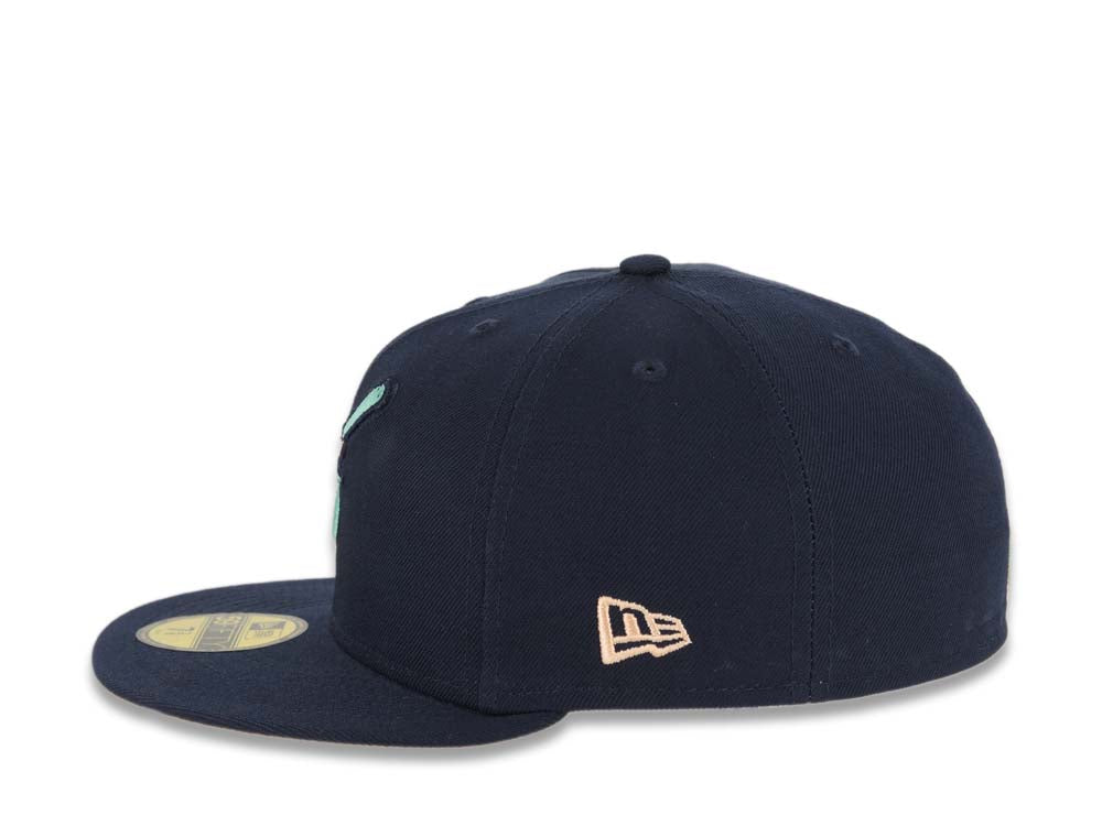 San Diego Padres New Era MLB 59FIFTY 5950 Fitted Cap Hat Navy Blue Crown/Visor Light Teal Swinging Friar Logo 1998 World Series Side Patch Orange UV
