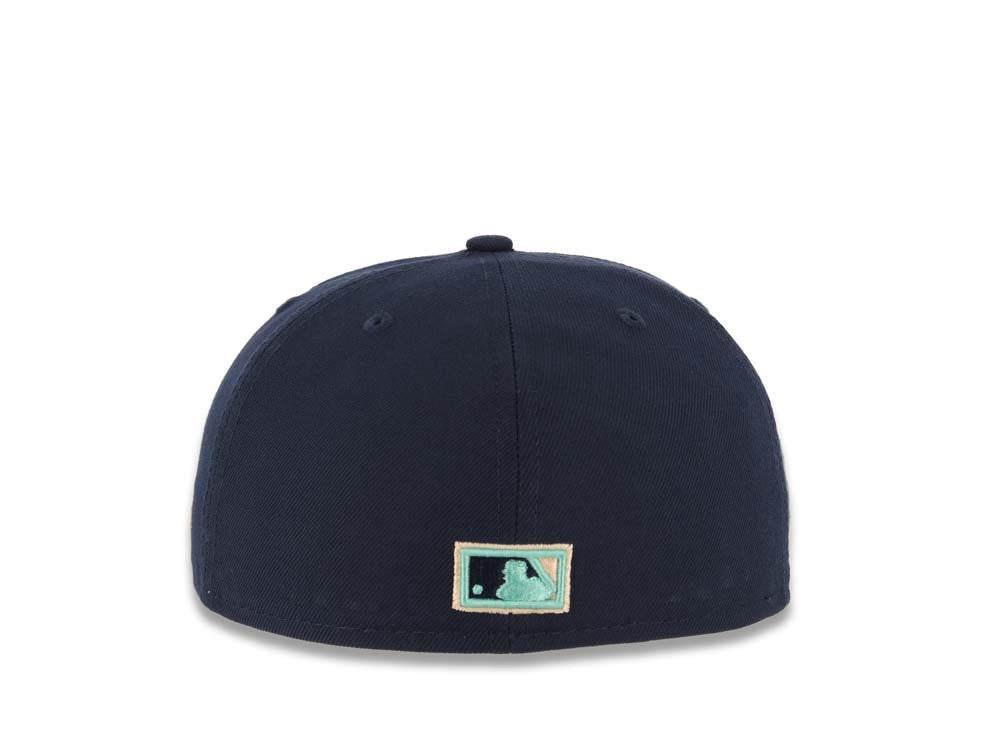 San Diego Padres New Era MLB 59FIFTY 5950 Fitted Cap Hat Navy Blue Crown/Visor Light Teal Swinging Friar Logo 1998 World Series Side Patch Orange UV