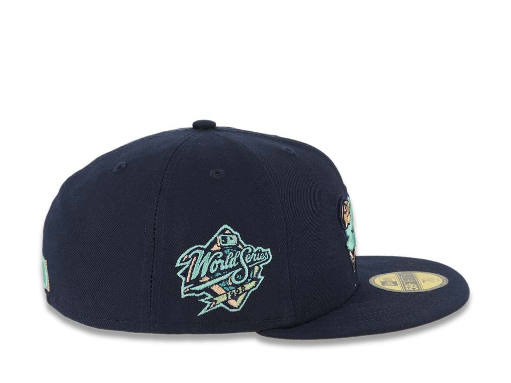 San Diego Padres New Era MLB 59FIFTY 5950 Fitted Cap Hat Navy Blue Crown/Visor Light Teal Swinging Friar Logo 1998 World Series Side Patch Orange UV