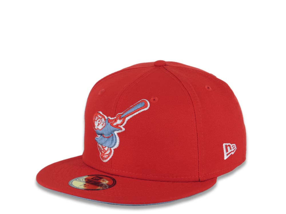 San Diego Padres New Era MLB 59FIFTY 5950 Fitted Cap Hat Red Crown/Visor Sky Blue/Red Swinging Friar Logo 50th Anniversary Side Patch Sky Blue UV