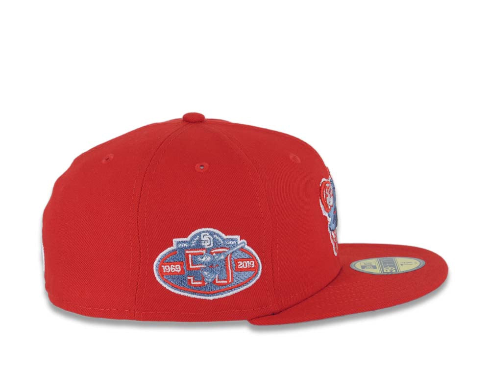 San Diego Padres New Era MLB 59FIFTY 5950 Fitted Cap Hat Red Crown/Visor Sky Blue/Red Swinging Friar Logo 50th Anniversary Side Patch Sky Blue UV