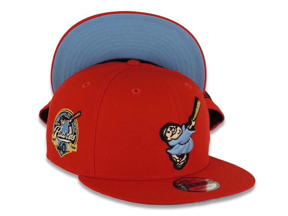 San Diego Padres New Era MLB 9FIFTY 950 Snapback Cap Hat Red Crown/Visor Sky Blue/Meallic Gold Swinging Friar Logo 40th Anniversary Side Patch