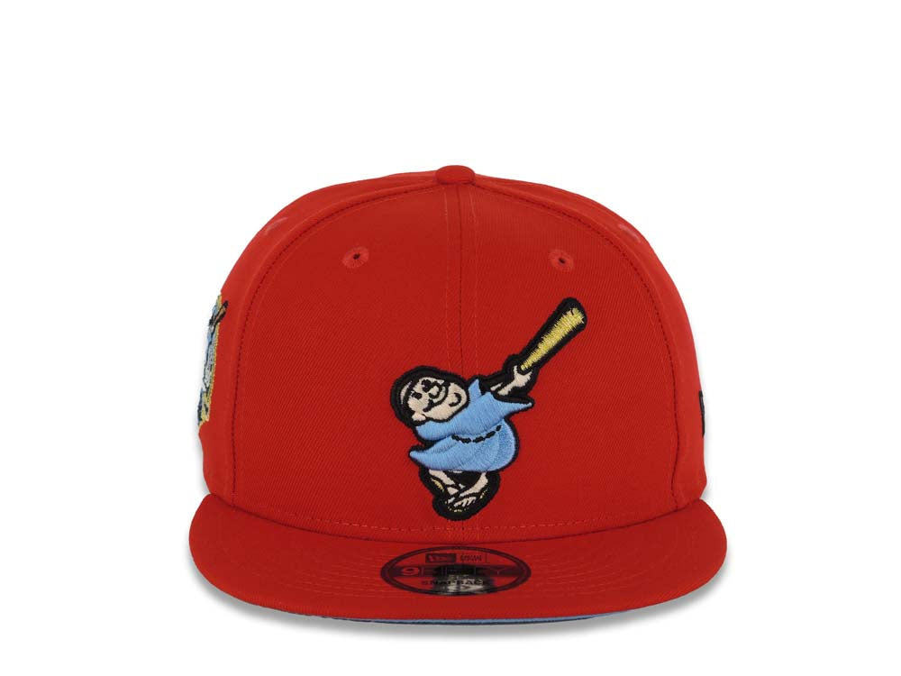 San Diego Padres New Era MLB 9FIFTY 950 Snapback Cap Hat Red Crown/Visor Sky Blue/Meallic Gold Swinging Friar Logo 40th Anniversary Side Patch