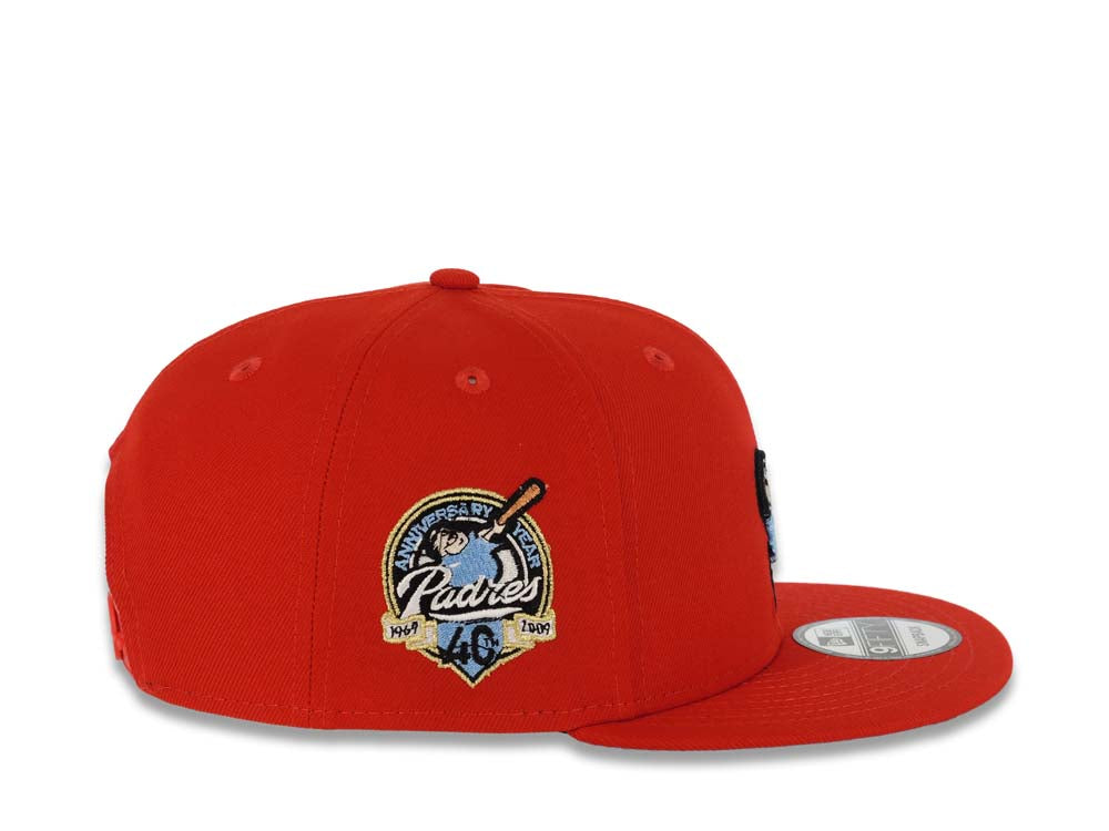 San Diego Padres New Era MLB 9FIFTY 950 Snapback Cap Hat Red Crown/Visor Sky Blue/Meallic Gold Swinging Friar Logo 40th Anniversary Side Patch