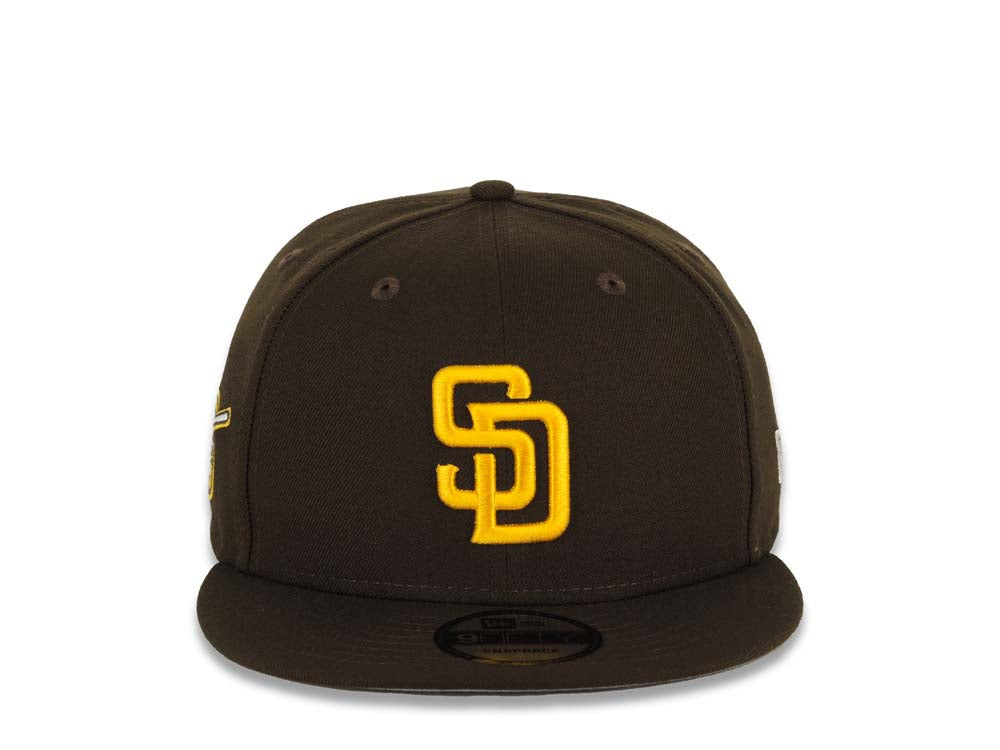 San Diego Padres New Era MLB 9FIFTY 950 Snapback Cap Hat Brown Crown/Visor Yellow Logo Swinging Friar Circle Side Patch Gray UV
