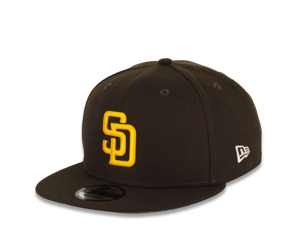 San Diego Padres New Era MLB 9FIFTY 950 Snapback Cap Hat Brown Crown/Visor Yellow Logo Swinging Friar Circle Side Patch Gray UV