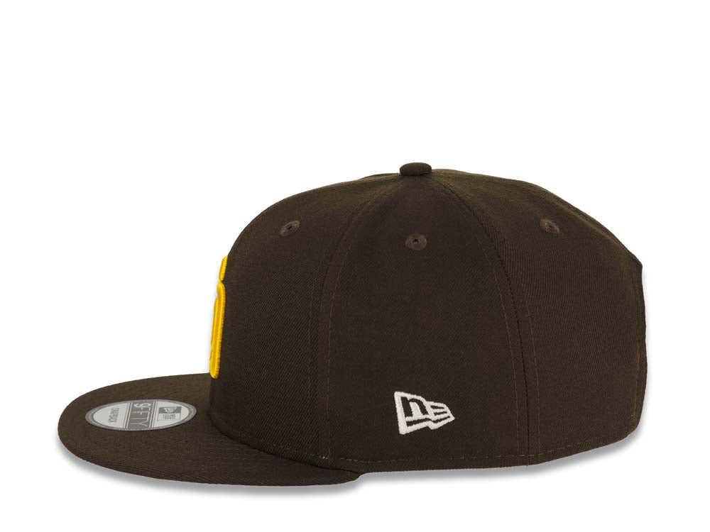 San Diego Padres New Era MLB 9FIFTY 950 Snapback Cap Hat Brown Crown/Visor Yellow Logo Swinging Friar Circle Side Patch Gray UV