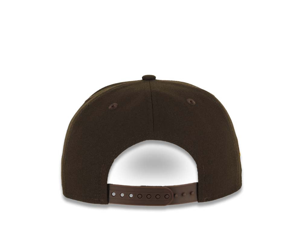 San Diego Padres New Era MLB 9FIFTY 950 Snapback Cap Hat Brown Crown/Visor Yellow Logo Swinging Friar Circle Side Patch Gray UV