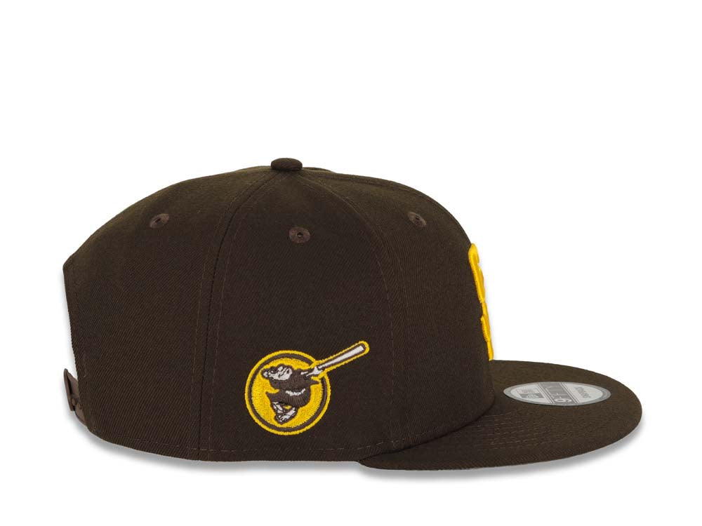 San Diego Padres New Era MLB 9FIFTY 950 Snapback Cap Hat Brown Crown/Visor Yellow Logo Swinging Friar Circle Side Patch Gray UV