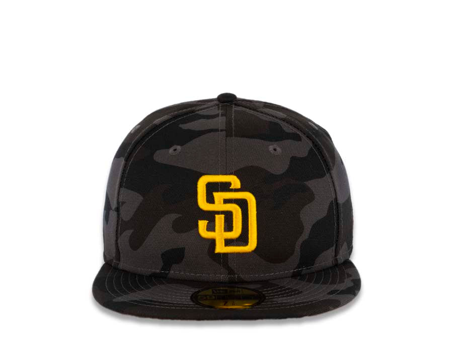 San Diego Padres New Era MLB 59FIFTY 5950 Fitted Cap Hat Black Camo Crown/Visor Yellow Logo Dark Brown UV